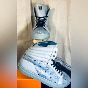 MCM Light Blue Monogram High-Top Iconic Sneakers:GC